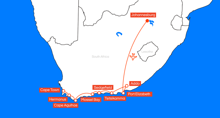 Kart over reiserute i Sør-Afrika