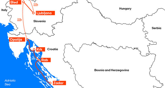 Kart over reiseruten til Slovenia og Kroatia