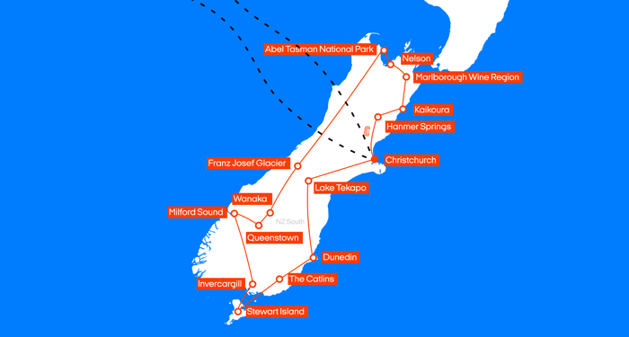 kart over reiseruten: Road trip på sørøya på new zealand