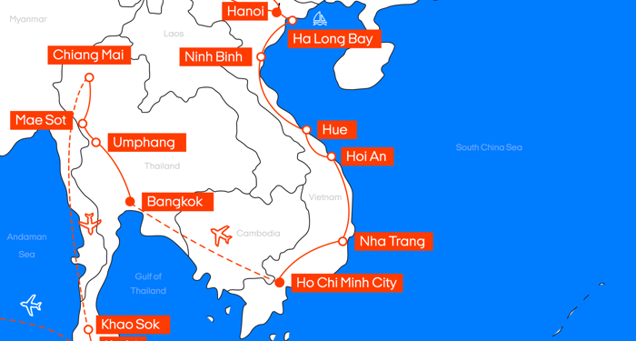 Kart over reiserute til Vietnam og Thailand