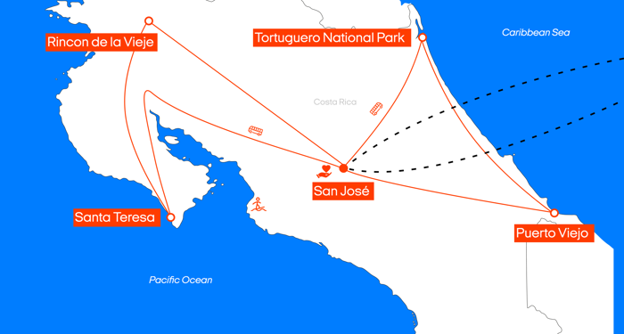 kart over reiseruten en måned i costa rica