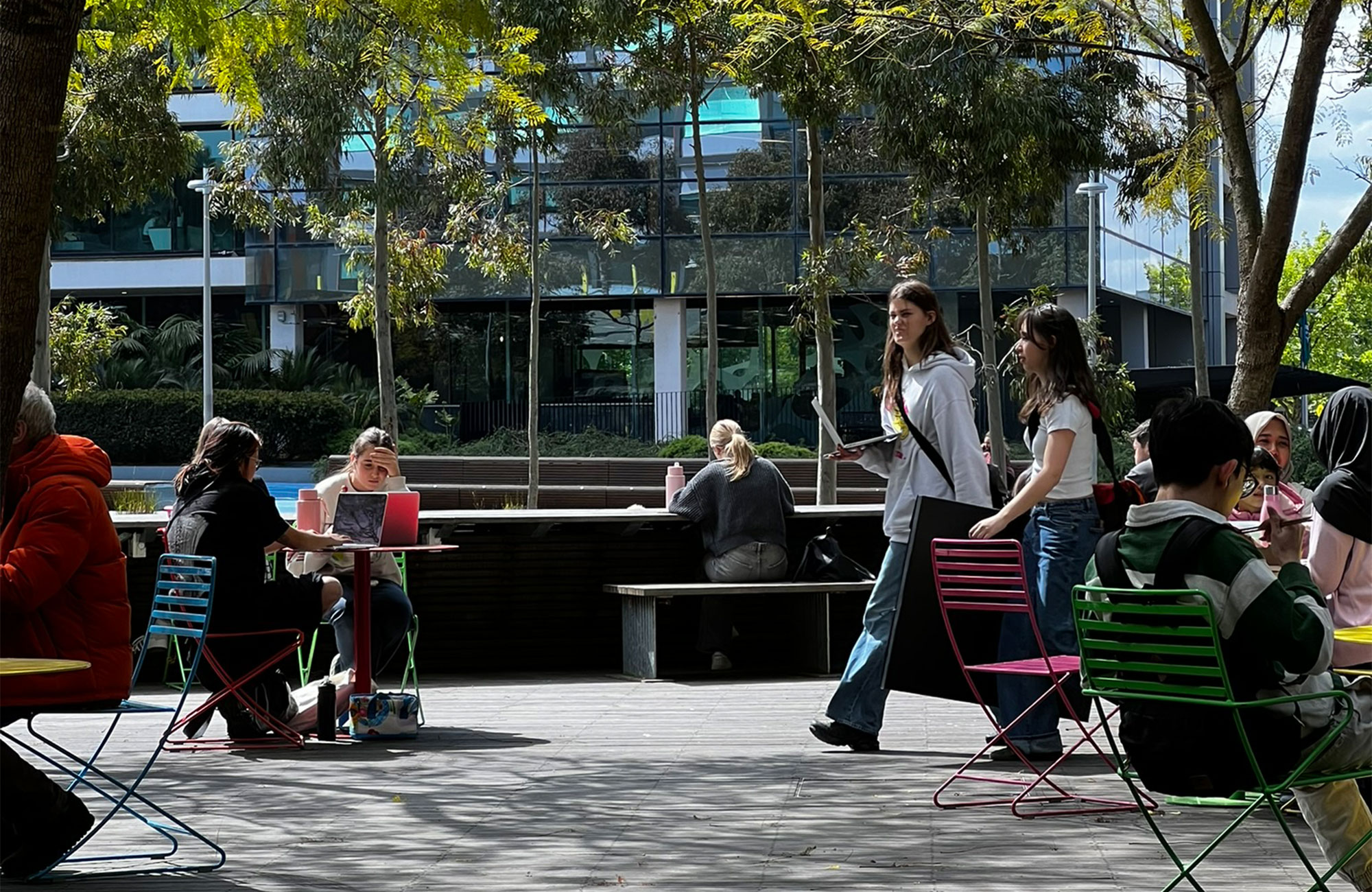 Beach with palms and many surfers