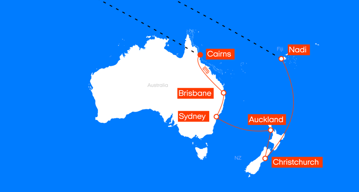 kart over rundreisen i Australia, New Zealand & Fiji