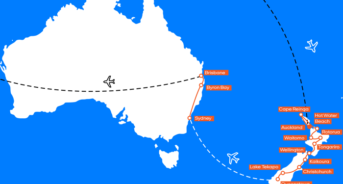 Kart over reiserute til New Zealand og Australia med KILROY