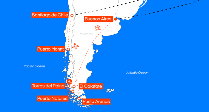 kart over reiseruten Patagonia Explorer