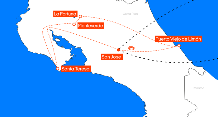 Kart over reiseruten på fellesreise til Costa Rica