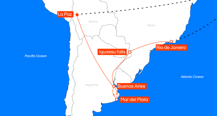 kart over reisruten Brazil, Argentina & Bolivia 
