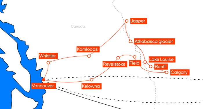 kart over road trip i vestlige canada