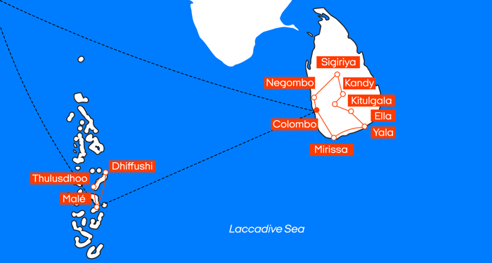Kart over reiseruten til Sri Lanka og Maldivene