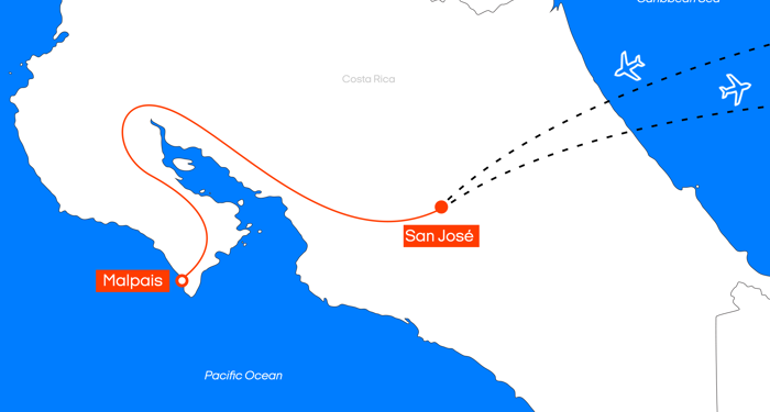 Kart over reiserute til Costa Rica