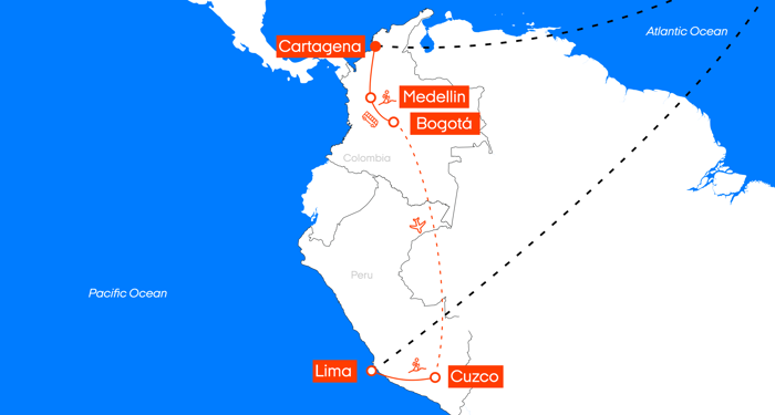 Kart over reiseruten; Fjelltur i Peru & Colombia
