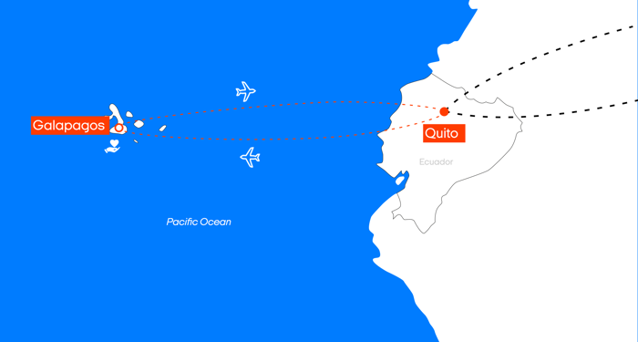kart over reiseruten til Galápagos