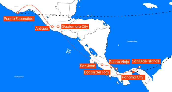 Kart over reiseruten gjennom 4 land i Mellom-Amerika