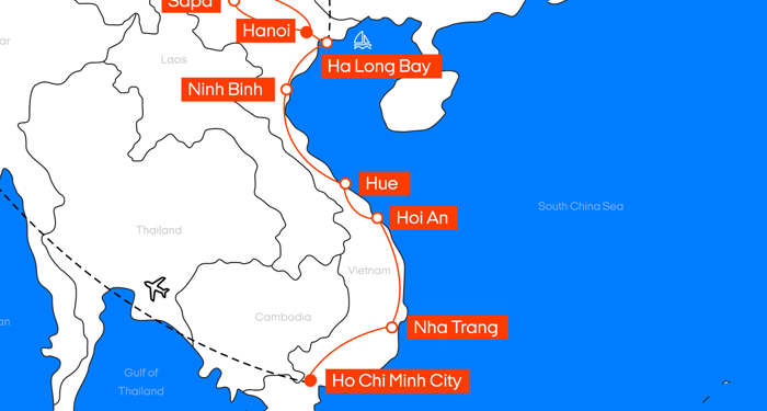 Kart over reiseruten til Vietnam