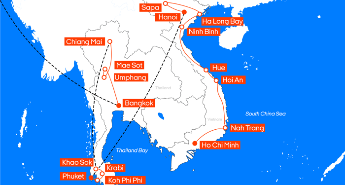 Kart over reiseruten til Thailand og Vientam