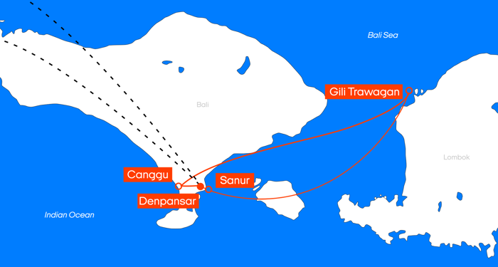 kart over reiseruten på Bali med KILROY