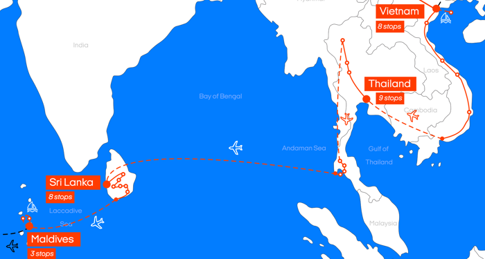 Kart over reiseruten til Vietnam, Thailand, Sri Lanka & Maldivene