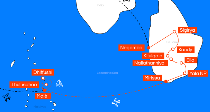 Kart over reiserute til Sri Lanka & Maldivene
