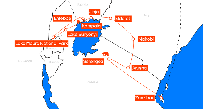 Kart ove reiseruten: Dyreliv i Uganda & late dager på Zanzibar