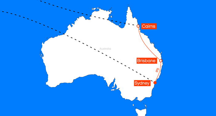 kart over reiseruten: Aussie East Coast Adventure